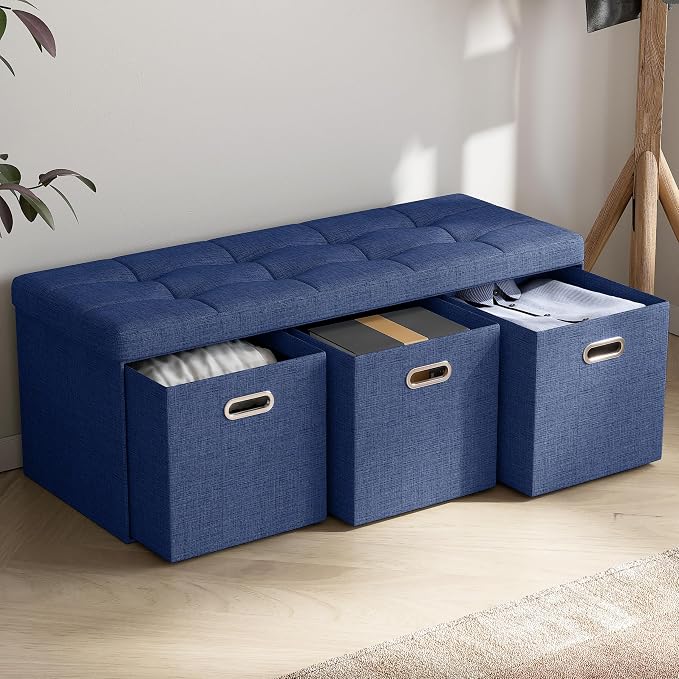Ornavo Home 40 Inch Storage Ottoman with 3 Drawers, Tufted Linen, Navy Blue | Foldable Large Bench Design; Foot Rest Stool Seat; Ideal for Living Room, Bedroom or Entryway