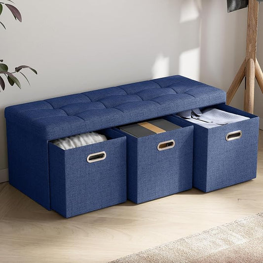 Ornavo Home 40 Inch Storage Ottoman with 3 Drawers, Tufted Linen, Navy Blue | Foldable Large Bench Design; Foot Rest Stool Seat; Ideal for Living Room, Bedroom or Entryway