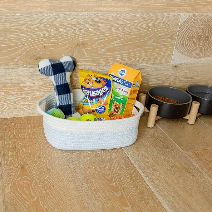NaturalCozy 5-Piece Rectangle Storage Basket Set- Natural Cotton Rope Woven Baskets for Organizing! Small Basket for Montessori, Baby Nursery, Dog Toy Baskets, Cat Toy Box, Bathroom Organization Bin