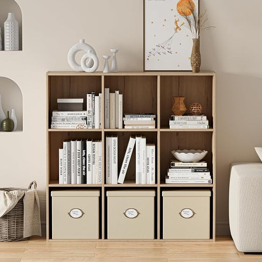 VDNEND Wooden Storage Organizer with Closed Back Panel, 11in Cube Shelf Opening, Bookshelf, Display Shelf,Closet Cabinet for Home and Office (White Oak, 9-Cube 35.98L*9.45W*35.91H)