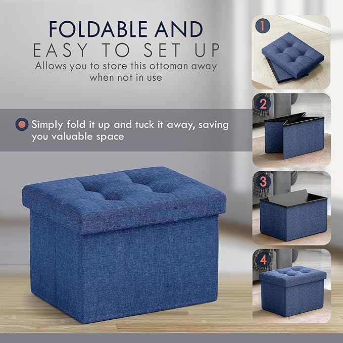 Ornavo Home Small Rectangle Storage Ottoman Set of 2, Linen, 12x16x12, Navy | Foldable Collapsible Design; Foot Rest Stool Seat; Ideal for Living Room, Bedroom, Home Office or Dorm