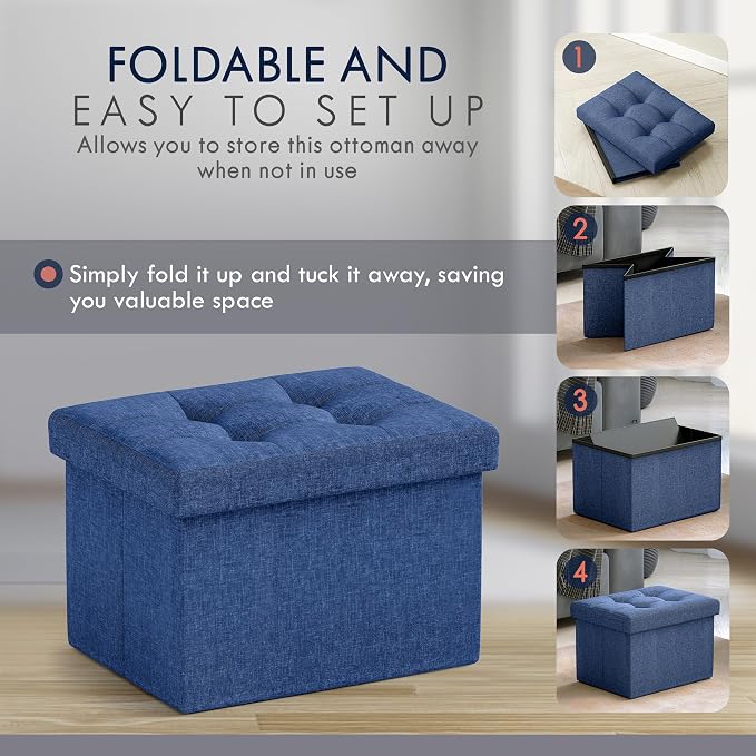 Ornavo Home Small Rectangle Storage Ottoman, Foldable Linen, 12x16x12, Navy | Collapsible Cube Design; Foot Rest Stool Seat; Ideal for Living Room, Bedroom, Home Office or Dorm