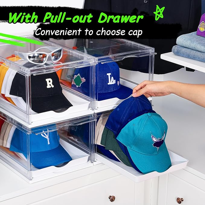 Vtopmart 4 Pack Stackable Baseball Caps Organizer, Each Holds 12 hats | with Sliding Drawer, Magnetic Door, Stackable, Transparent