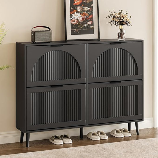 BORNOON Shoe Cabinet for Entryway with 4 Flip Drawers, Slim Wooden Shoe Storage Organizer with Modern Fluted Pannel，Freestanding Narrow Hidden Shoe Rack for Hallway, Foyer, Living Room