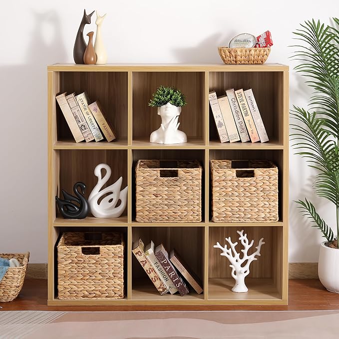 12x12x10in Water Hyacinth Storage Basket Large, Folding Cube Woven Wicker Storage Basket for Shelves, Pantry Baskets Organization and Storage, Kitchen Storage Baskets, Large Rattan Basket Set of 3
