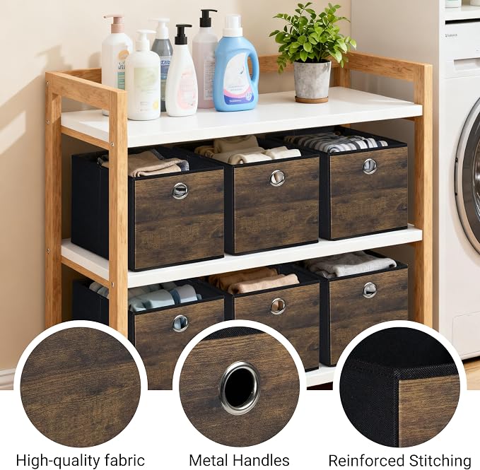 6 Pack Durable Storage Cube Bin with Decorative Wood Grain,Thickened Fabric Box,Storage Basket for Shelf,Closet,Storeroom,Bedroom,Living Room,Nursery,Office,Dorm,RV,10.2x10.2x11in,Brown & Black(Small)