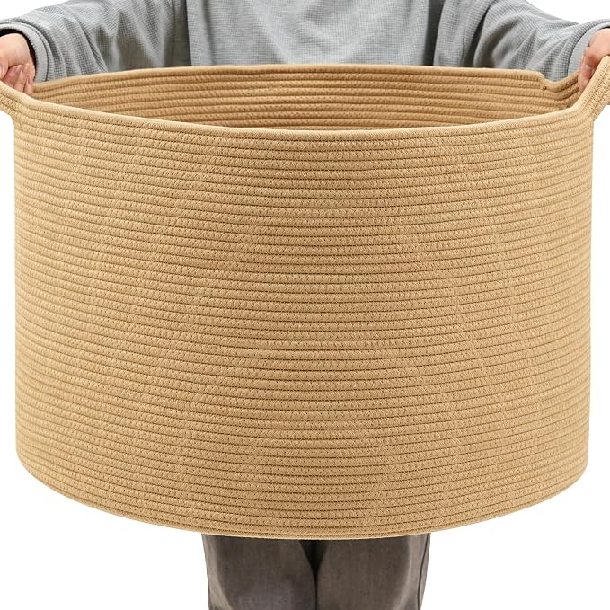 Foldable Laundry Hamper Basket with Collapsible Handle Cotton Rope Soft Woven Fabric Storage Organizer Clothes Toys Nursery Bedroom Dorm Space Saving Bin (Camel, 115L(23.6"D x 15.7"H))
