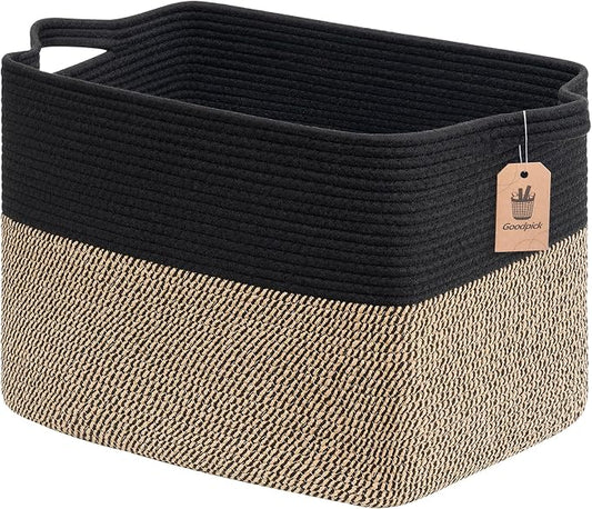 Goodpick 50L Large Wicker Blanket Basket, 18" x 14" x 12", Black Jute | Blankets, Pillows & Toys Storage, Decorative Storage Basket for Living Room & Bedroom Organization, Built-In Handles