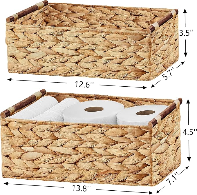 Vagusicc Wicker Storage Basket, Set of 2 Hand-Woven Water Hyacinth Wicker Basket for Organizing with Handle Decorative Storage Bins for Counter Pantry Shelves Toilet Paper Basket for Toilet Tank Top