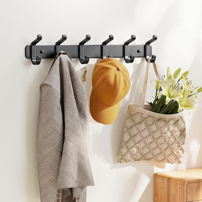 pickpiff Coat Rack Wall Mounted Heavy-Duty: Metal Coat Hanger 6 Hooks for Hanging Hat, Clothes, Robe, Keys, Backpack, Bathroom Towels, Jacket, Purse - Closet, Door, Entryway, Mudroom (Black, 2 Pack)
