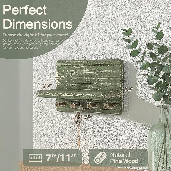 Rebee Vision Small Key Holder Wall Mount with Shelf for Room Decor, Green | Pine Wood, 4 Key Hooks, Key Holder for Wall, Wooden Shelf, Room Decor Accent, Versatile Storage for Any Room