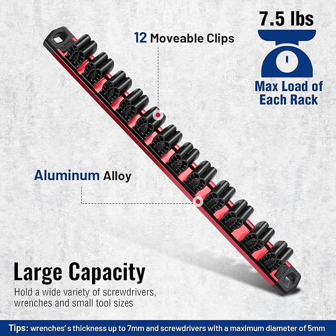 WORKPRO Magnetic Screwdriver and Wrench Organizer Set, 36-Slot Tool Holders | 3-Pack Aluminum Rails, Magnetic Force, Flexible High-Tension Tool Clips, For Tool Box Drawer & Wall-Mount Storage