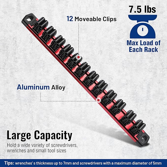 WORKPRO Magnetic Screwdriver and Wrench Organizer Set, 12-Slot Tool Holder | Aluminum Rail, Magnetic Force, Flexible High-Tension Tool Clips, For Tool Box Drawer & Wall-Mount Storage