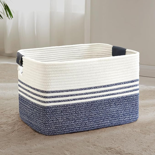 72L Woven Laundry Basket Hamper with Leather Handles,Denim Blue | collapsible wicker hamper, storage for dirty clothes, toys, blankets, gifts, living room, bedroom, bathroom, 22"x17"x12"