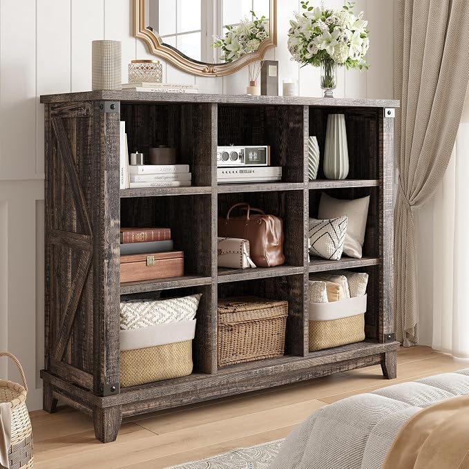 EnHomee Farmhouse 9-Cube Storage Organizer for Living Room, Black Oak | Home Organization Lovers, Wood & Metal, Holds 386 Lbs, Anti-Tip & Stabilizers
