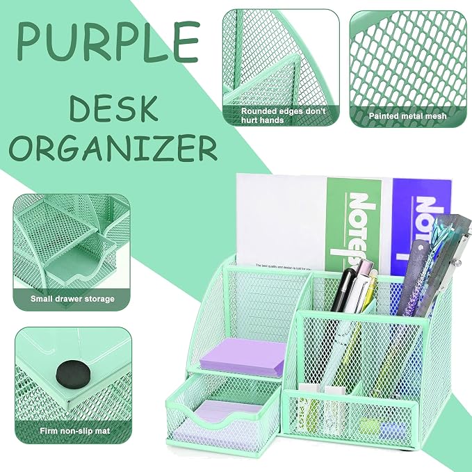Green Office Desk Accessories Supplies, 12pcs Desk Organizers and Accessories with Tape dispenser and Stapler,Staples,Staple Remover,Pen Holder,Scissor,Ruler,Sticky Tabs,Tape,Ballpoint Pen,Clips Set