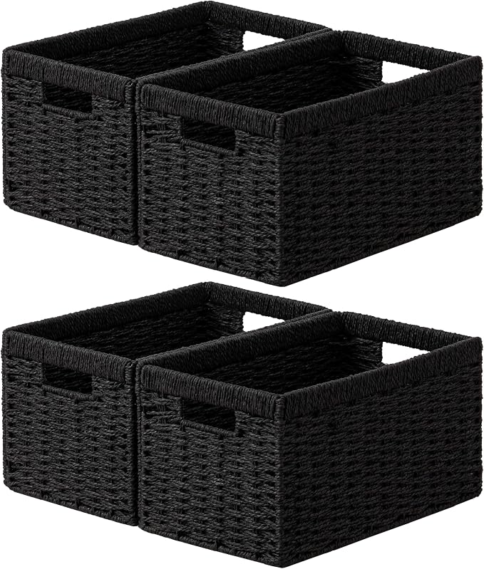 joybest Black Wicker Baskets for Shelves, Hand-woven Storage Baskets | 13.4L x 8.3W x 7.1H inch for Pantry, Kichen Organizing, Foldable Rectangular Bin with Handles, 4-pack