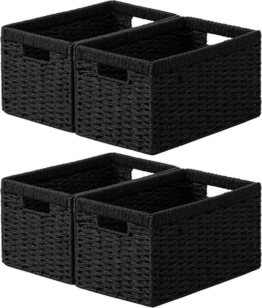 joybest Black Wicker Baskets for Shelves, Hand-woven Storage Baskets | 13.4L x 8.3W x 7.1H inch for Pantry, Kichen Organizing, Foldable Rectangular Bin with Handles, 4-pack