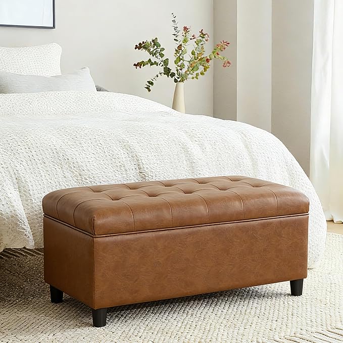 Joveco Rectangular Lift Top Storage Ottoman Bench, Faux Leather Storage Bench for Living Room Entryway Bedroom, Ochre Yellow