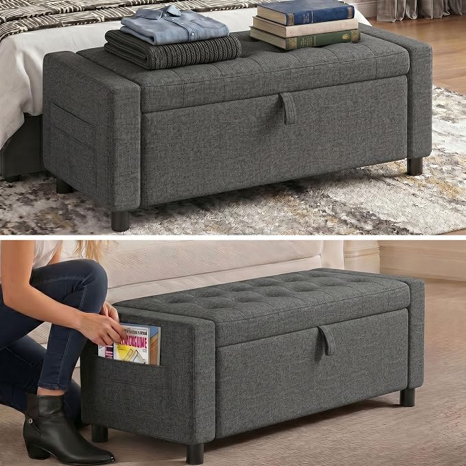 Marsail Upholstered Bench Rectangle Ottoman with Storage Bench for Bedroom End of Bed, Tufted Ottoman with Cushion, Modern Benches for Foot of Bed, Living Room, Entryway, Grey