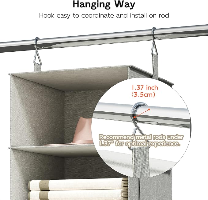 Vailando 3-Shelf Hanging Closet Organizer, Set of 2 Hanging Shelves with 2 Drawers for Wardrobe, Nursery, Baby Clothes Storage and Organization, Silver Gray