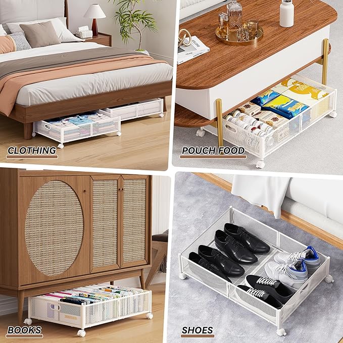 PHINOX Under Bed Storage with Wheels & Handle,Sturdy Metal,2 Pack,White | Tool-free assembly, glide smoothly, easy reach, foldable, maxmazie low-profile beds, dorm, keep seasonal clothes, shoes fresh