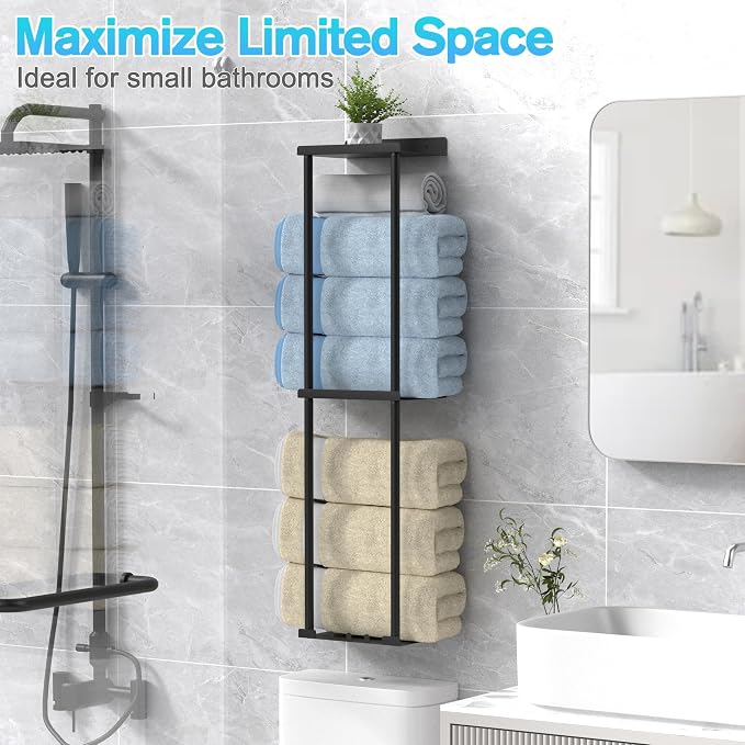 Liuoud Towel Rack for Bathroom, Wall Mounted Vertical Rolled Towel Storage Organizer Holder with Shelf, Holds Up 6 Large Bath Sheets, Black