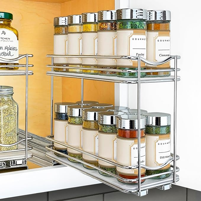 LYNK PROFESSIONAL® Pull Out Spice Organization for Cabinets - 4-3/8 inch Wide – Spice Rack for Inside Cabinets, Slide Out Spice Rack Organizer for cabinet – Pull Out Spice Rack, Sliding 2 Tier Chrome
