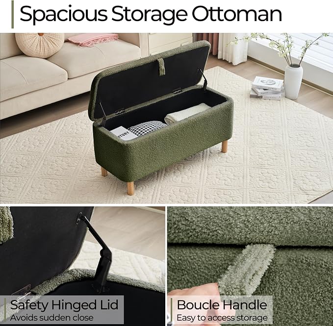 Boucle Storage Ottoman Bench for Bedroom end of Bed, Sherpa Upholstered Shoe Seat Storage Bench for Entryway Bed Foot, Rectangle Cushion Padded Blanket Chest Cute for Living Room, Blackish Green