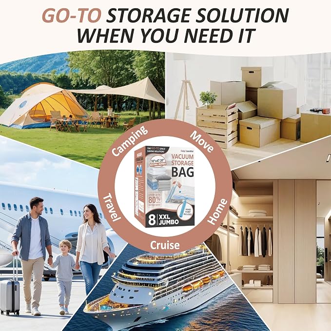 Cozy Essential Vacuum Storage Bags, 80% Compression Vacuum Seal Space Saver Plastic Packaging Bags for Clothes, Blankets, Pillow, Bedding, Comforters, Sealer Clothing Storage,8 XXL Jumbo