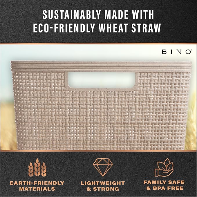 BINO - Woven Plastic Basket, Medium (Natural), 4-Pack, The Jute Collection, Home Organization, Space-Saving Storage, Stylish Design, Jute Basket
