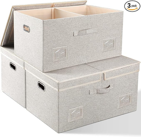 Storage Bins with Lids Fabric Closet Organizers Cubes Office Organization | 75 Quarts 3 Pack Beige Collapsible Stackable Linen Fabric 4 Handles Bedroom Closet Cabinet Under Bed Clothes Toy Office File