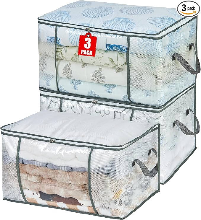 MKOKYD 80L Clear Large Storage Bag, Clothes Storage Containers for Organizing Closet, Bedroom, Underbed, Comforters, Clothing, Blankets, Pillow, Foldable Organizer with Sturdy Handle and Zippers (3)