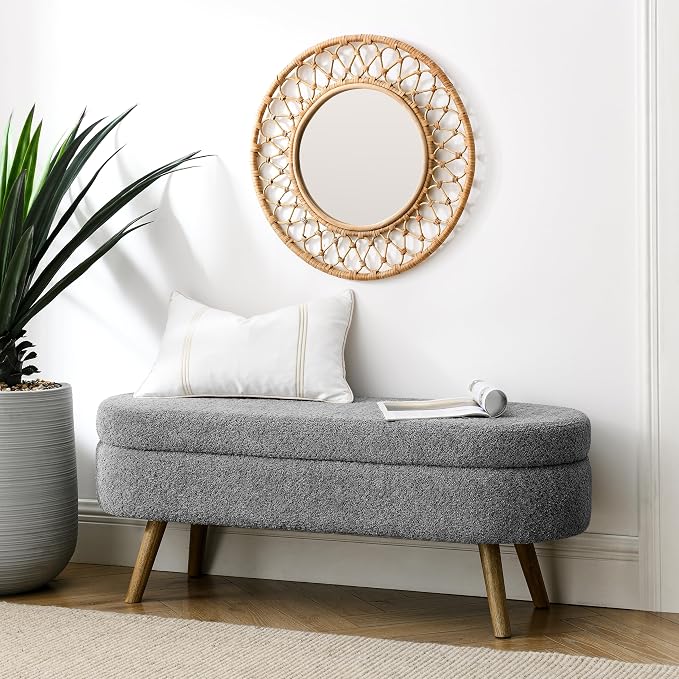 43.5" Ottoman with Storage, Storage Ottoman Bench with Safety Hinge, Foam End of Bed Bench, Upholstered Entryway Bench for Bedroom, Living Room & Window, Holds up to 330 lb, Grey