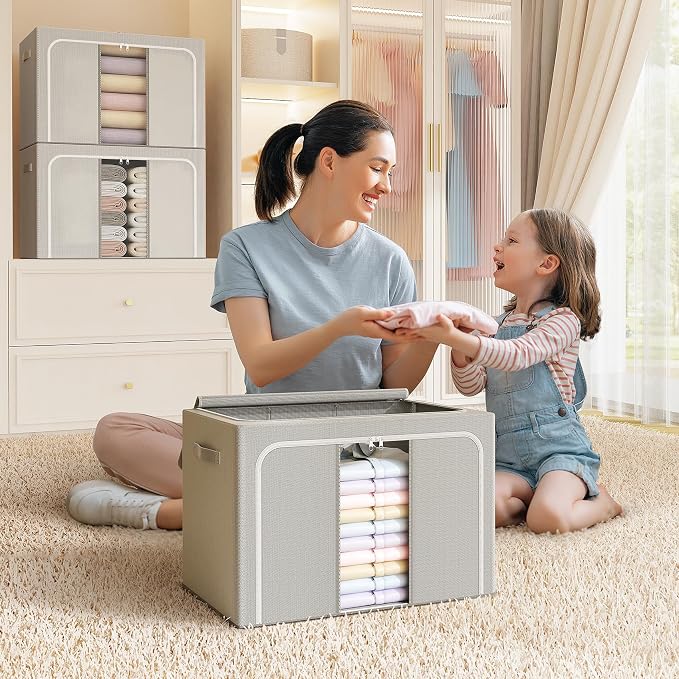 Clothes Storage Bins with Metal Frame Foldable Storage Box Clothes Organizers Storage Containers for Clothes Sheets Blankets Books Toys Gifts and Holiday Decorations (66Lx3 Pack)