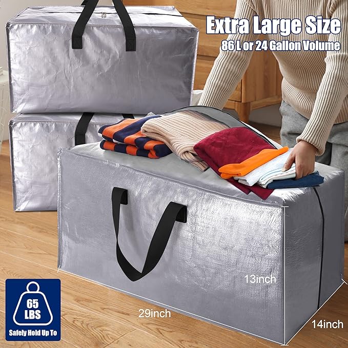 Cosy Family 12 Pack Heavy Duty Moving Bags with Backpack Straps - Strong Handles & Zippers, Storage Totes For Space Saving, Fold Flat, Alternative to Moving Box (X-Large-Set of 12, Silver)