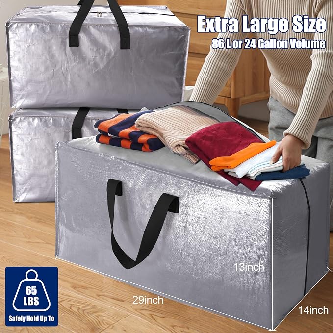 Cosy Family 8 Pack Heavy Duty Extra Large Moving Bags with Backpack Straps - Strong Handles & Zippers, Storage Totes For Space Saving, Fold Flat, Alternative to Moving Box (Set of 8, Silver)