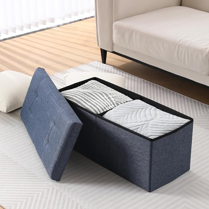 Storage Ottoman Bench Foldable Seat Footrest Shoe Bench End of Bed Storage with Flipping Lid, 75L Storage Space, 30 inches Linen Fabric Navy