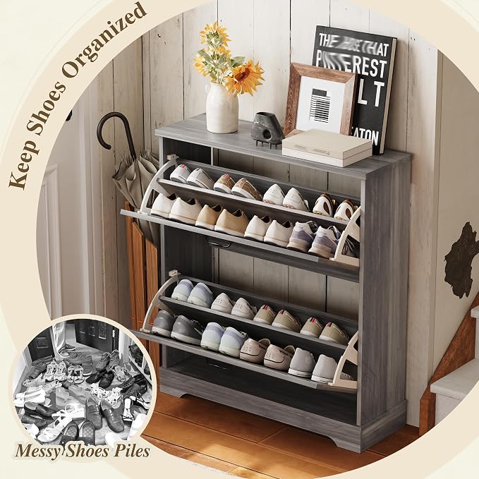 Semiocthome Farmhouse Shoe Storage Cabinet with 2 Flip Drawers, 31.5"(W) Freestanding Shoe Organizer with Barn Door and Metal Handles for Entryway, Rustic Narrow Slim Shoe Rack Cabinet - Washed Gray