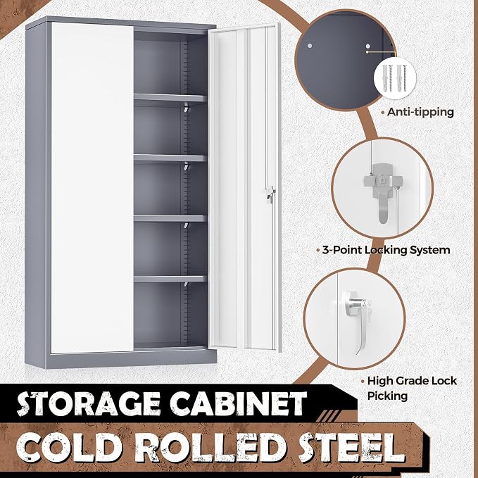 INTERGREAT Metal Storage Cabinet, 72” H Storage Cabinet with 2 Doors and 4 Adjustable Shelves for Office, Home, Garage, Pantry (Assembly Required, Grey White)