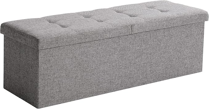45.3 Inches Foldable Seat Footrest Shoe Bench End of Bed Storage with Flipping Lid, 166L Upholstered Tufted Bench, Linen Fabric Grey