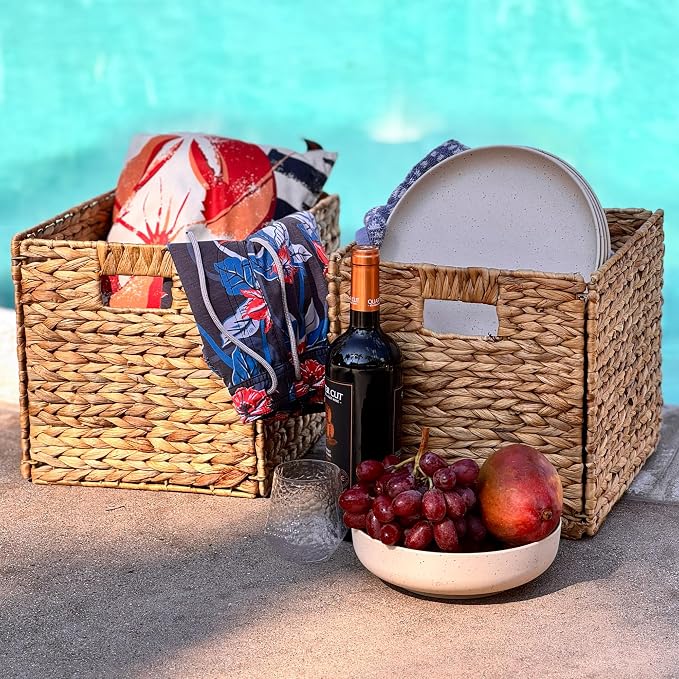 4 Hand-Woven Wicker Storage Baskets 13x11x11in, Water Hyacinth Shelf Bins | ECO-FRIENDLY & SUSTAINABLE