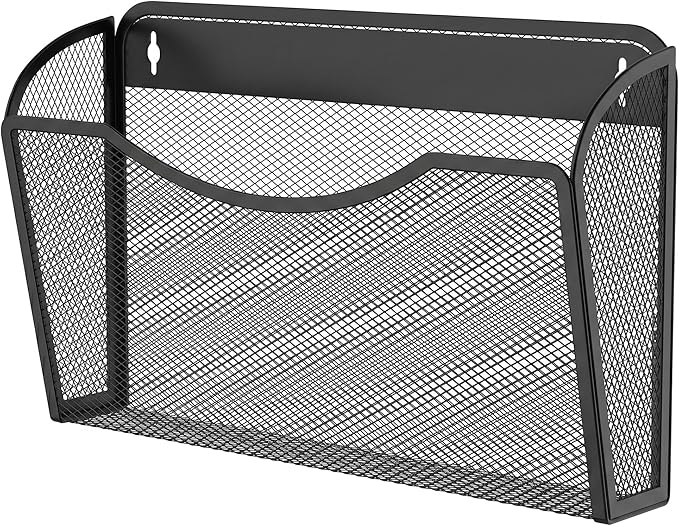MINDEPOT Wall File Organizer, Hanging Wall File Holder, 1 Pack, Black | Heavy Duty Iron, Metal Mesh Wall Mount, Single Pocket, Mail Organizer, for Office School Classroom Home, Letter A4 Size