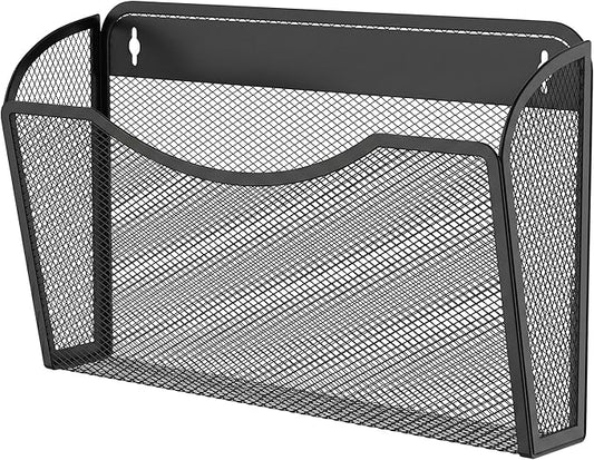 MINDEPOT Wall File Organizer, Hanging Wall File Holder, 1 Pack, Black | Heavy Duty Iron, Metal Mesh Wall Mount, Single Pocket, Mail Organizer, for Office School Classroom Home, Letter A4 Size