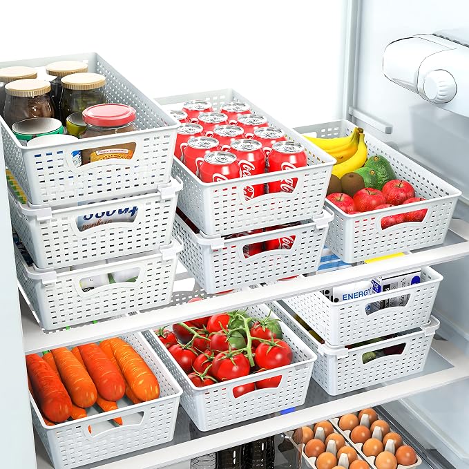 Simple Houseware Stackable Plastic Woven Basket Organizer, 6 Pack, White | 14.5" D x 8.5" W x 3.5" H