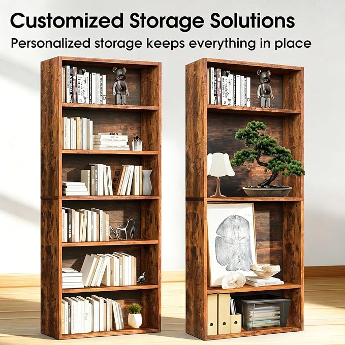 HealSmart 6 Tier Bookcase, Industrial 6 Book Shelf, 9.2" D x 23.8" W x 63" H Tall Open Cube Storage Organizer for Home Office, Living Room, Bedroom and Dinning Room, Brown