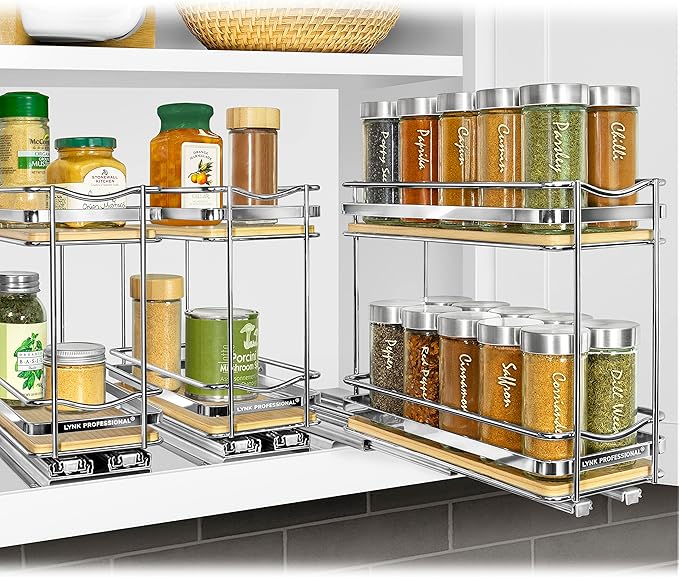LYNK PROFESSIONAL® Élite™ Pull Out Spice Organization for Cabinets - 4-3/8 inch Wide – Spice Rack for Inside Cabinets – Wood/Chrome - Sliding Spice Rack Organizer for cabinet – Spice Rack - 2 Tier