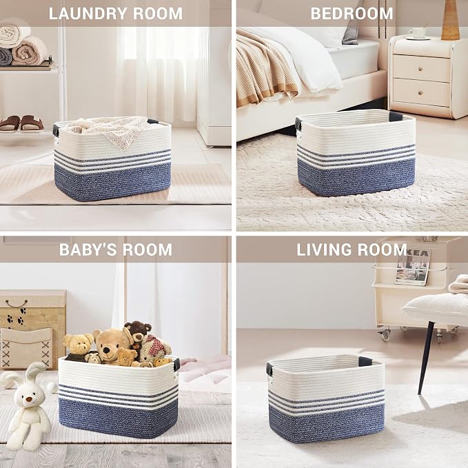 45L Woven Laundry Basket Hamper with Leather Handles,Denim Blue | collapsible wicker hamper, storage for dirty clothes, toys, blankets, gifts, living room, bedroom, bathroom, 18"x14"x11"