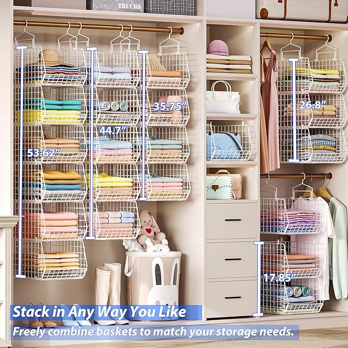 6 Tier Extended Depth Hanging Closet Organizer, Closet Storage Hanging Shelves with Hanging Hooks for Clothes Sweaters Towels Handbags, Stackable Metal Mesh Bins For Closet, Laundry, Bathroom, Dorm