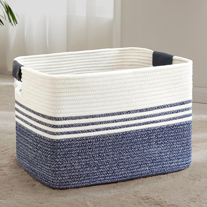 86L Woven Laundry Basket Hamper with Leather Handles,Denim Blue | collapsible wicker hamper, storage for dirty clothes, toys, blankets, gifts, living room, bedroom, bathroom, 24"x16"x14"